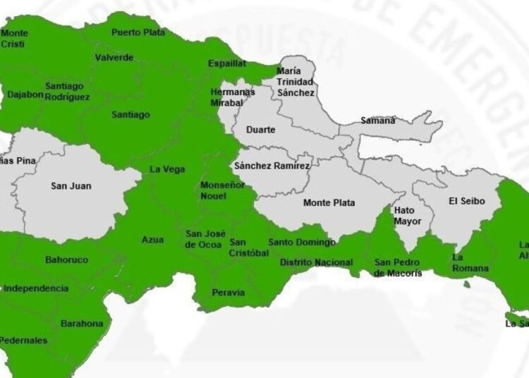 Alerta verde en 21 provincias de RD por aguaceros y vaguada que durará hasta el sábado