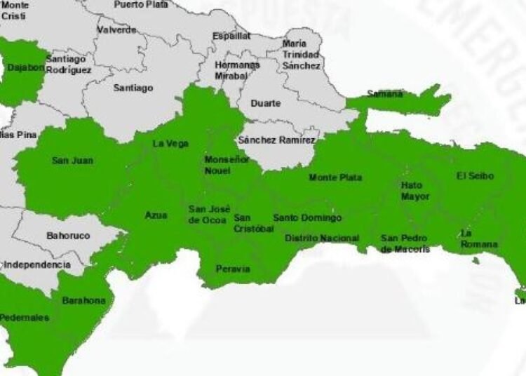 COE mantiene 18 provincias y el Distrito Nacional en alerta verde por efectos de vaguada
